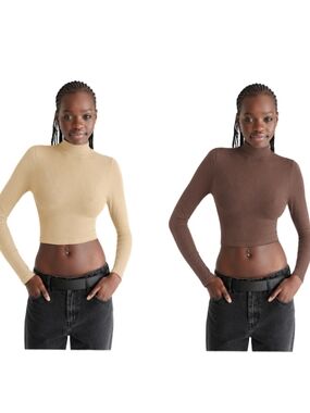 NWOT Set Of 2 Ribbed Mock Neck Crop Top - Beige and Brown L/XL